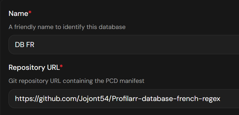 Formulaire d'ajout d'une database dans Profilarr